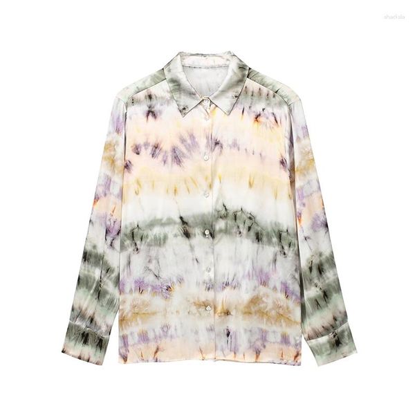 Blusas de mujer YENKYE Mujeres Vintage Satin Tie Dye Camisa con estampado de manga larga Cuello de solapa Blusa casual suelta para mujer