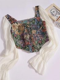 Blouses Femmes Yitimoky Vintage Blouse pour femmes 2023 mode coréenne Patchwork col carré Chic chemise dames élégant Y2k Slim Crop Top