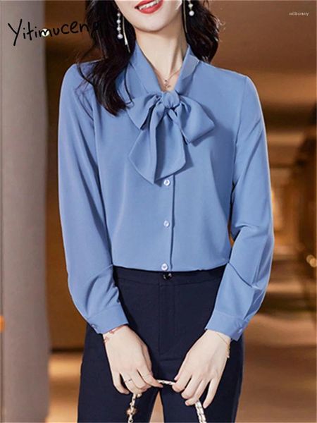 Blouses pour femmes Yiticung Blue Blouse Femme 2024 Office de mode Ladies Stand Collar Lace Up Shirts décontracté à manches longues Chic Tops