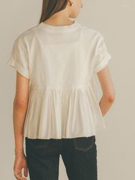 Dames blouses yizzhoy lente zomer o nek slanke ruches witte blouse Japan stijl casual vaste kleur korte mouw shirts tops femme