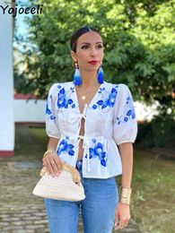 Blouses voor dames yojoceli elegante bloemenprint korte puff mouw shirt vrouwen mode losse v nek veter omhoog ruches blouse veer sombere