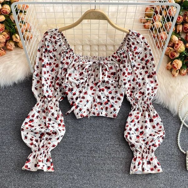 Blouses Femmes YornMona Français Mode Zipper Floral Print Blouse Chemises Femmes Élégantes Lanterne Manches En Mousseline De Soie Crop Tops Printemps Été