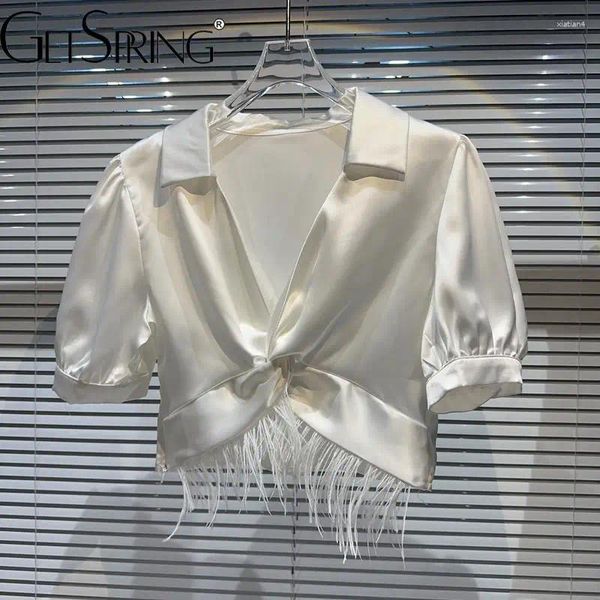 Blusas de mujer Yuerwang camisa de mujer 2024 Primavera Verano elegante pelo de avestruz manga corta blusa de mujer cintura alta blusas femeninas sólidas