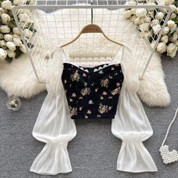 Blouses des femmes Yuoomuoo chic Fashion coréenne Fashion 2024 automne à manches longues Patchwork floral imprimé noir court top dame blusas