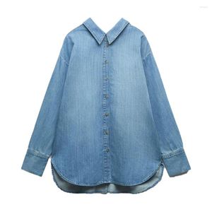 Blouses voor dames Zach Aiisa Spring Women's Knop Kwaliteit modeontwerp Sense Rapel Lange Mouw Back Low Neck Loose Denim Shirt
