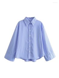 Chemisiers pour femmes ZADATA mode décontracté polyvalent ample bleu rayé revers rétro à manches longues chemise boutonnée