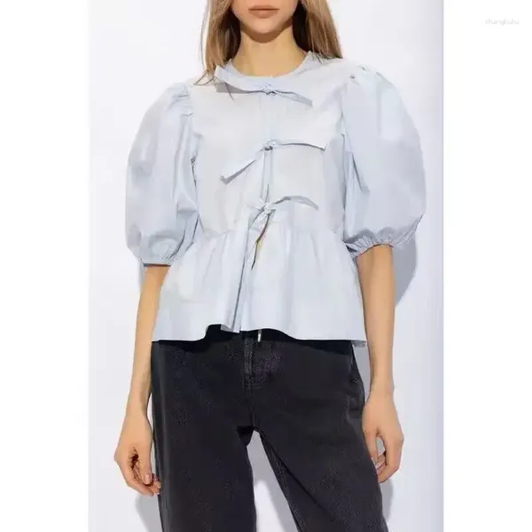 Blouses Femmes Zadigant Printemps Été Femmes Filles Bow Tie-up Peplum Top en coton manches bouffantes noir blanc mignon