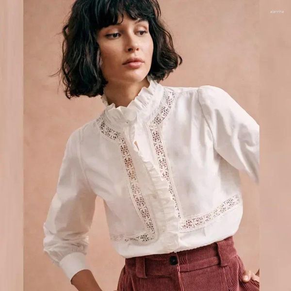 Blouses de femmes Zadigant printemps sweet dame Style Stand Collar White Shirt Hollow Lace Femme Long Manche