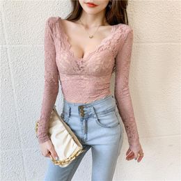 Blouses pour femmes Zadily Sexy Floral Lace Slim Femmes Blouse À Manches Longues Col En V Dos Nu Dames Chemise 2023 Automne Plus La Taille Femme Vêtements 3XL