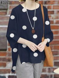 Blouses Femmes ZANZEA Automne Femmes Blouse Causal 3/4 Manches O-Cou Blusas Mode Polka Dots Chemises Imprimées Hauts De Vacances Chic Split