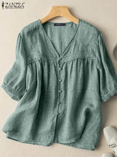 Blouses Femmes ZANZEA Été Vintage Col En V À Manches Courtes Blouse Femmes Casual Dentelle Patchwork Chemise Solide Lâche Tops Tunique Oversize