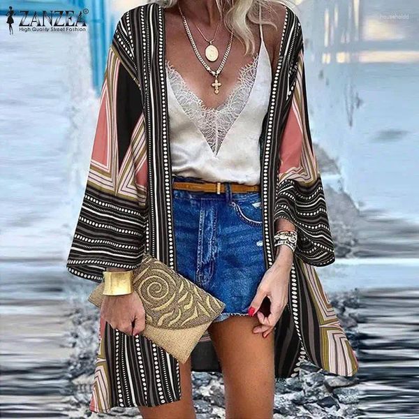 Blouses Femmes ZANZEA Femmes Bohème Plage Cardigan Été Chemisier Vintage Imprimé Floral À Manches Longues Kimono Casual Lâche Vacances Hauts Chemise