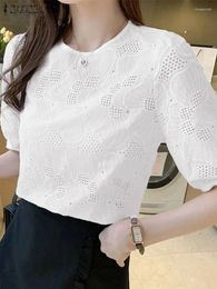 Blouses Femmes ZANZEA Femmes Broderie Blouse Été Demi Manches Floral Tops Solide Lâche O Cou Travail Blusas Femme Causal Chemise Vacances