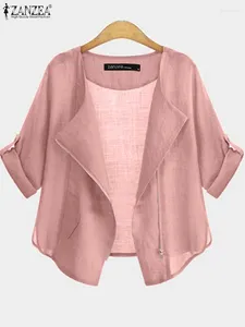 Blouses Femmes ZANZEA Femmes Printemps Été Coton Chemises À Manches Longues Zip Up Tops Casual Blouse Solide Surdimensionné Lâche O Cou Vacances