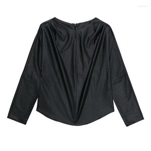 Blouzen voor dames zatrhmbm 2023 herfst mode lederen dames blouse vintage o-neck lange mouw top zwarte vrouwelijke shirts blusas chic tops