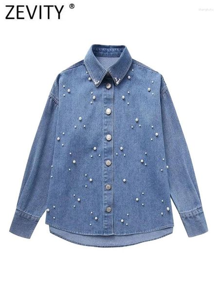 Damesblouses Zevity Damesmode Parel Kralen Applicaties Casual Denim Blouse Kantoor Dame Knoop Losse shirts Chic Chemise Blusas Tops