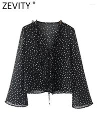 Blusas de mujer Zevity Blusa de gasa con estampado de puntos y cuello en V con volantes y cordones para mujer camisa elegante informal Chemise Blusas Tops