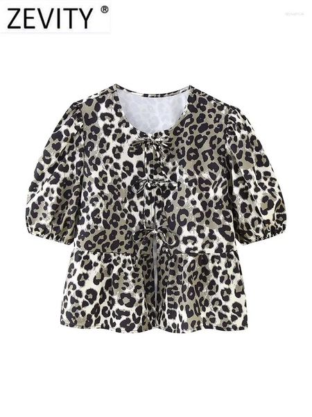 Blouses de femmes Zivity Femmes Sweet Arc attachées à lacet lacet Leopard Print Femme Pleas Pleas Puff Sleeve Casual Ruffles Shirt Blusas Tops