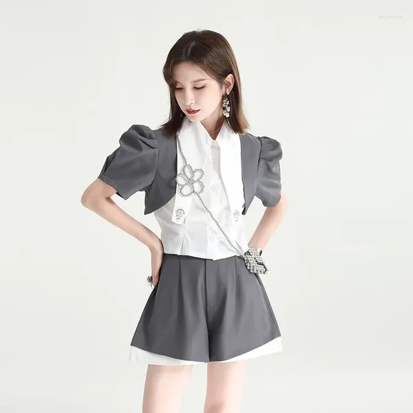 Blouses pour femmes Zhongchuang Rizhen 2024 Été personnalisé Personnalisé Coll à revers Lantern Shirt Shirt High Wison A-Line Shorts pour