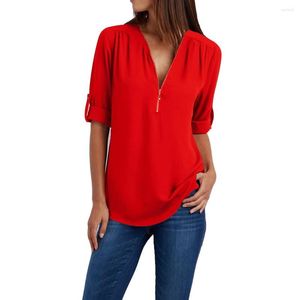 Damesblouses Rits Damesoverhemden met lange mouwen Sexy V-hals Effen damestops en casual T-shirt Vrouwelijke kleding Plus maat 5XL