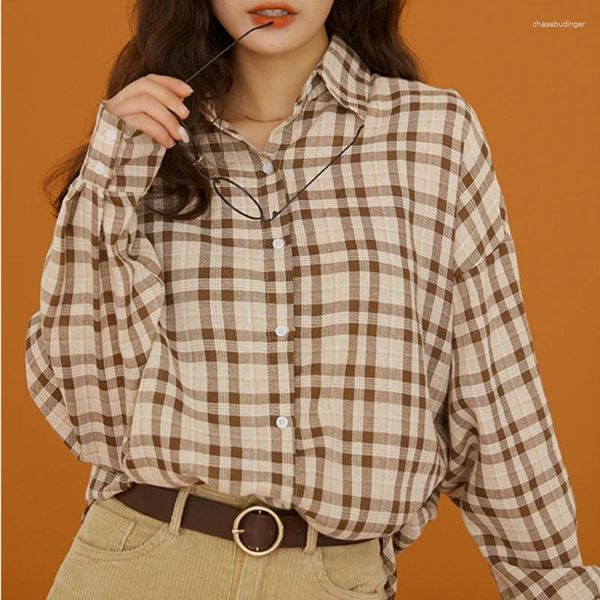 Blusas de mujer Zoki Vintage Plaid Camisas de mujer Otoño de manga larga suelta abotonada hasta las tapas simples coreanas Camisa recta de diseño casual para mujer