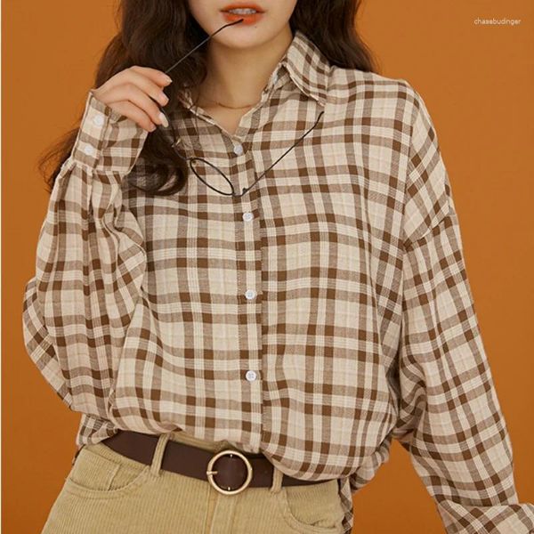 Blouses Femmes Zoki Vintage Plaid Femmes Chemises Automne Manches Longues Lâche Bouton Up Coréen Simple Tops Casual Conçu Dames Chemise Droite