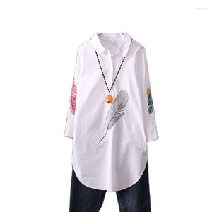 Blouses voor dames Zwty katoen plus size veer borduurwerk witte lange blouse dames kunst losse dames kantoor werk tops button down shirts