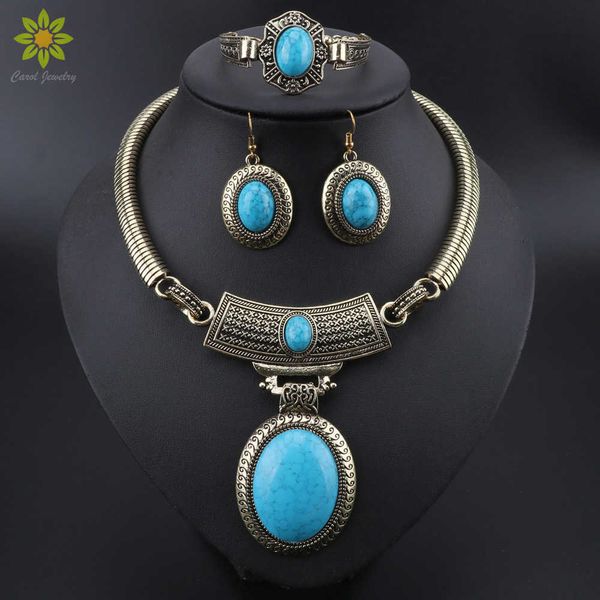 Ensemble de bijoux en résine CZ bleue pour femmes, forme ovale, à la mode, collier, boucles d'oreilles, Bracelet, strass, H1022