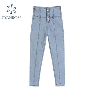 Pantalon en denim bleu pour femmes taille haute bouton unique Sexy Slim Streetwear Skinny Jeans crayon rétro Y2K E-Girl Tide Pantalon 210417