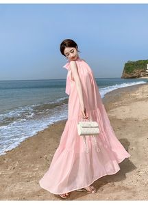 Vestido maxi largo suelto de color rosa dulce sin mangas con cuello redondo y playa bohemia para mujer SML