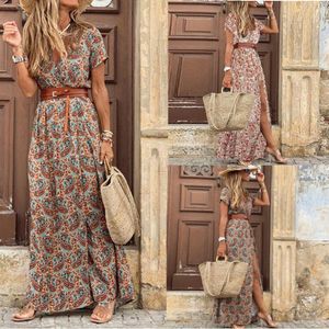 Vestido de verano para mujeres con cuello en V bohemio bohemio Vestido de verano Vestido de verano con cinturón de estilo elegante Vestidos de playa para mujeres Vacaciones de vacaciones Holidy Skirt