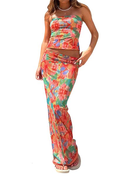 Boho Chic à imprimé floral Print Sans manches crop top et jupe maxi fluide ensemble pour les vêtements de plage d'été 240418