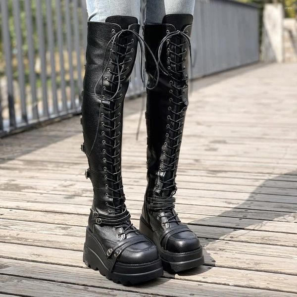 Bottes pour femmes 316 haute dentelle genou jusqu'à plate-forme épaisse bout rond talon compensé Style Punk chaussures chaussures 625