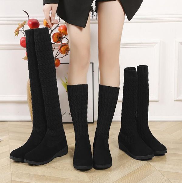 Bottes femme automne et hiver bottes femmes bottes en laine tricotées bottes noires au dessus du genou bottes chaussettes hautes Botas De Mujer