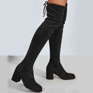 Dameslaarzen Mode Dij Hoge Zwarte Sexy Over de knie Vintage Bandage Damesschoenen Plus Size H1123