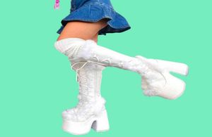 Dameslaarzen Gigifox zwart platform Chunky High Heeled Winter Autumn Knie High Boots Women Faux Zi6361487