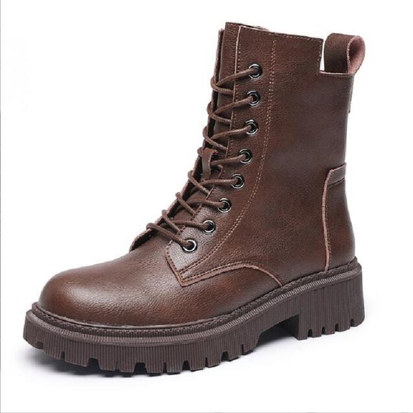 Botas de mujer Botas cortas de cuero de estilo británico retro para mujer Zapatos de plataforma de tacón cuadrado Da023