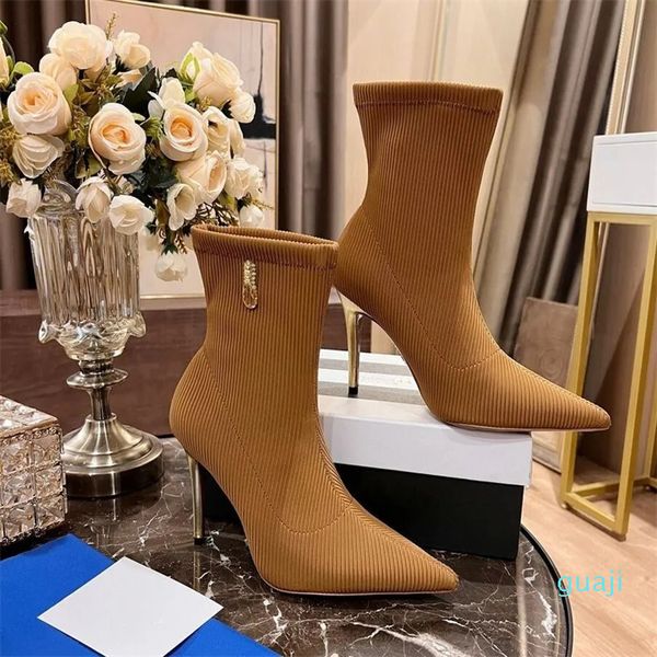 Botas de mujer Tacones altos delgados Punta puntiaguda Puños desatados Cubierta de tela elástica Vestido formal Banquete informal Fiesta de trabajo Tamaño a juego 35-42