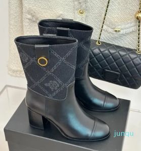 bottes pour femmes à talons épais, tissu denim à bout rond, coutures en cuir de vache et semelle en cuir véritable