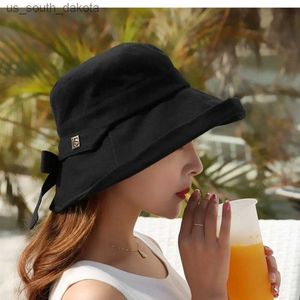 Femmes Bow Panama Seau Chapeau 2022 Mode D'été Kpop Bob Coton Noir Plage Soleil Chapeaux Pliable Large Bord Anti-UV Casquette De Pêche L230523