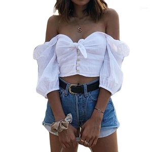 Dames Bowknot Puff Sleeve T-shirt Mode Sexy Off Shoulder Square Neck Cropped Top Solid Color Blouses Shirts