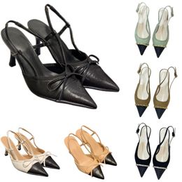 Sandales à nœud papillon pour femmes, chaîne, lettre, talons hauts, bout pointu, chaussures de créateur vintage, talon aiguille, chaussures de fête, été, haut tendance, cuir, soie, satin, sangle arrière