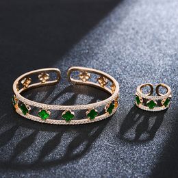 Ensemble de bracelets et bagues pour femmes, ensemble deux pièces, ouvert et réglable, luxe, Zircon, anneaux de queue de fleur porte-bonheur, Bracelet étincelant plaqué or