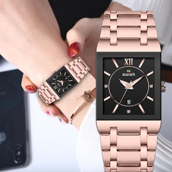 Relojes de pulsera para mujer Reloj de cuarzo de diseñador de primeras marcas Reloj de pulsera cuadrado de oro rosa para mujer Relojes de pulsera impermeables Relogio Feminino