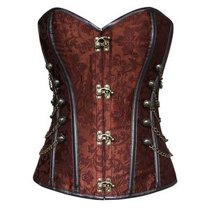 Dames Brokaat Gesp Steampunk Gothic Punk Imitatieleer Corset met stalen baleinen en ketting Grote maten Taille Training Korsetten S-6X1974