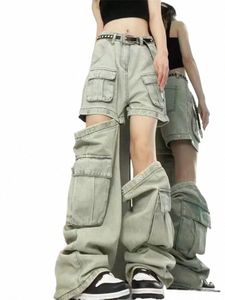 Dames Butt Splicing Design Hoge taille shorts Jeans Amerikaanse Fi Vintage Street chic Wijde pijpen broek Vrouwelijke denim broek E4SH #