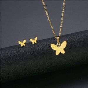 Dames Butterfly Ketting Oorbellen Set Dubai Goud Kleur Rvs Afrikaanse Indiase Bruiloft Sieraden Sets voor Vrouwen Meisjes