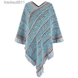 Dames Cape Kleur Contrast Streep Vintage Pullover Cape Trui Jas Dames Oversize Los Gebreide Poncho Vrouwelijke Kwastje Mantel Sjaal L230920