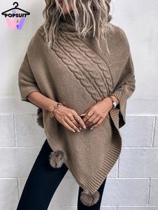 Cape Femme En Femmes Poncho Pull Vintage Solide Ligne Grossière Rayures Col Roulé Chauve-Souris Manches Fuzz Ball Tricots Vacances Cape Ponczo 231023