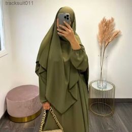 Dames Cape moslim 2-delige set voor dames Lange mouwen Abaya Jurk Jilbab Khimar Hijab Sjaal Niqab Islamitische Kleding Dubai Turkije Outfit L230920